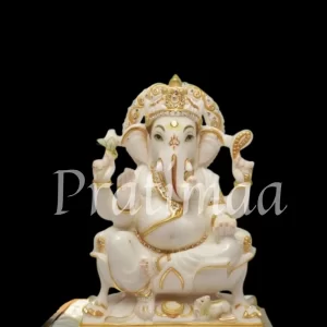 White Marble Ganesh Ji Idol with Premium Golden Border Carving
