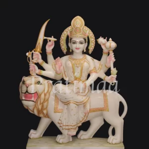 Premium Marble Durga Maa Statue Sitting on Lion (Handcrafted, Golden Work)