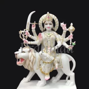 White Marble Durga Maa Idol with Premium Golden Border Carving