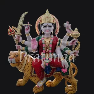 Colorful Durga Mata Murti on Tiger – Premium Hand-Painted Marble Idol